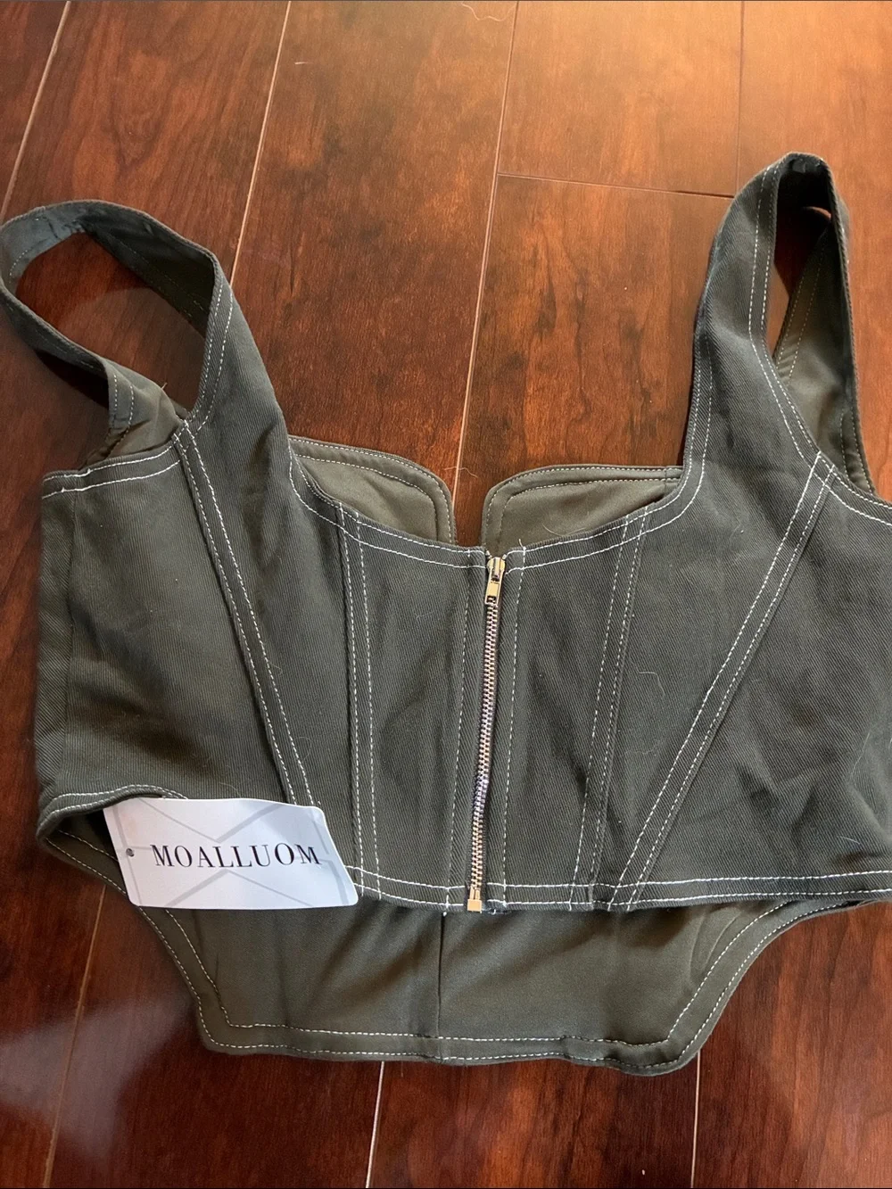 Olive Green Crop Corset Top with Contrast Stitching size m-stretch